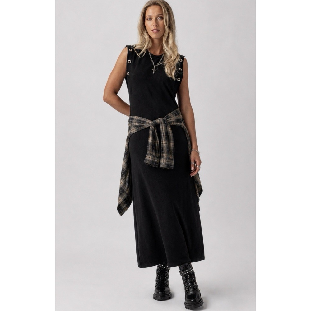 Saint + Sofia Rowan Maxi Black Dress Sleeveless Grommet Detail Edgy Grunge US 12